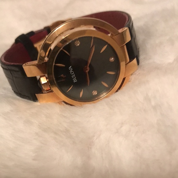 Leather Bulova Rubaiyat Ladies Diamond Rose Gold Tone Stainless Quartz Watch - Picture 2 of 9